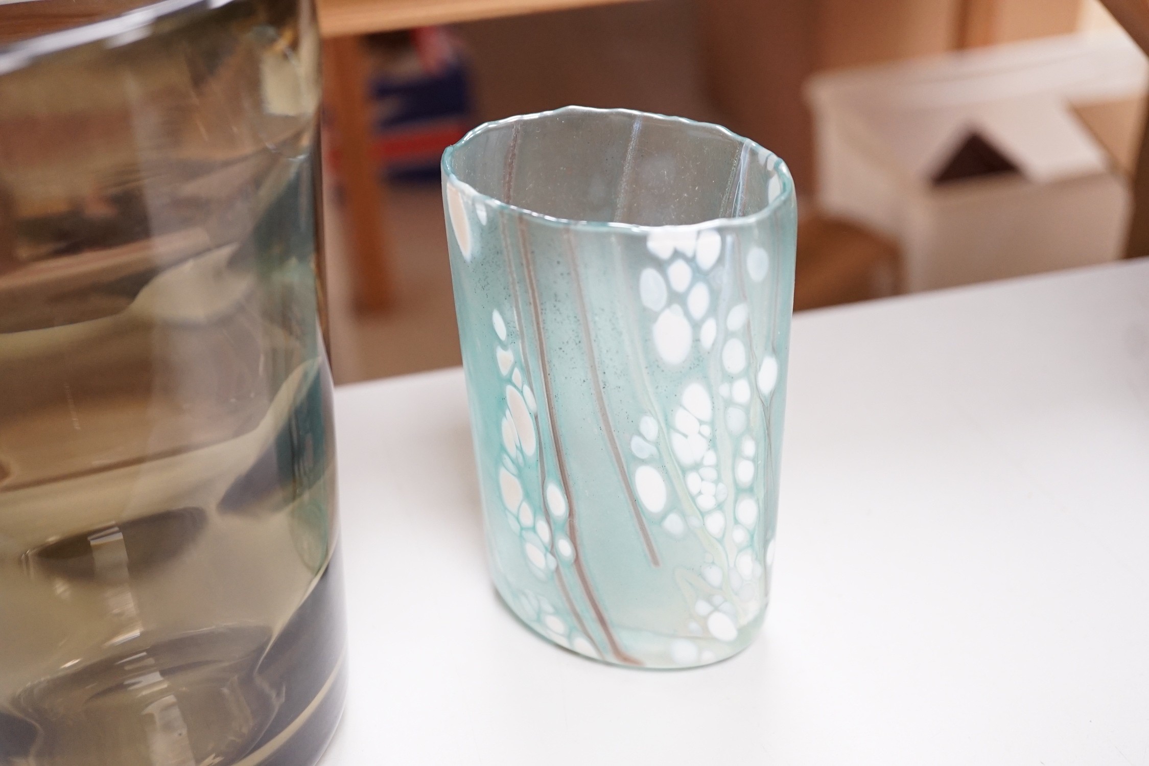 A Whitefriars glass vase and two Isle of Wight glass items